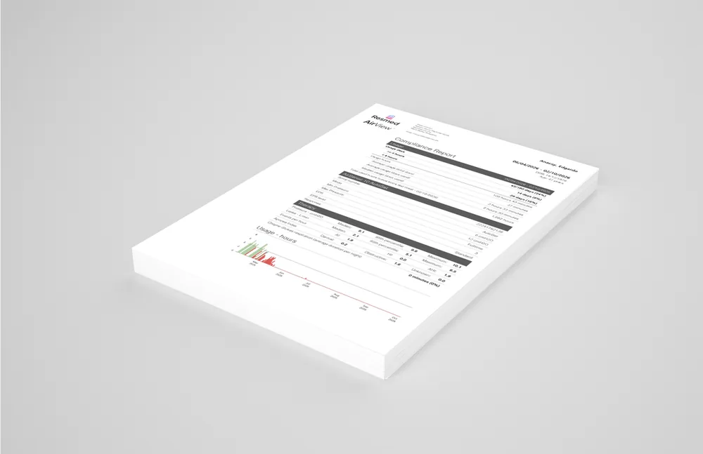 A printed CPAP compliance report showing usage hours and therapy data