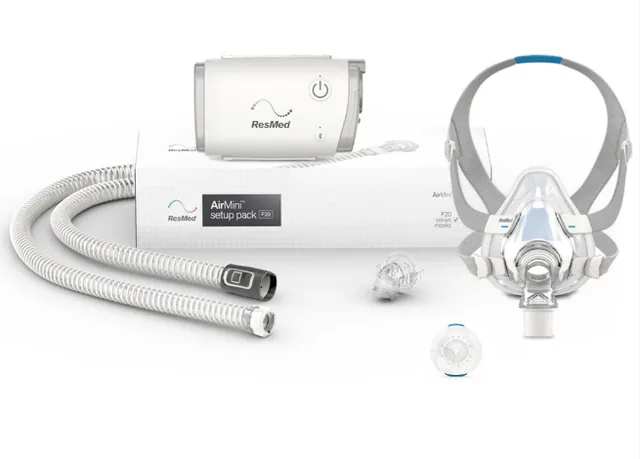 ResMed AirMini setup pack for AirFit F20, shown with the AirMini and F20 mask